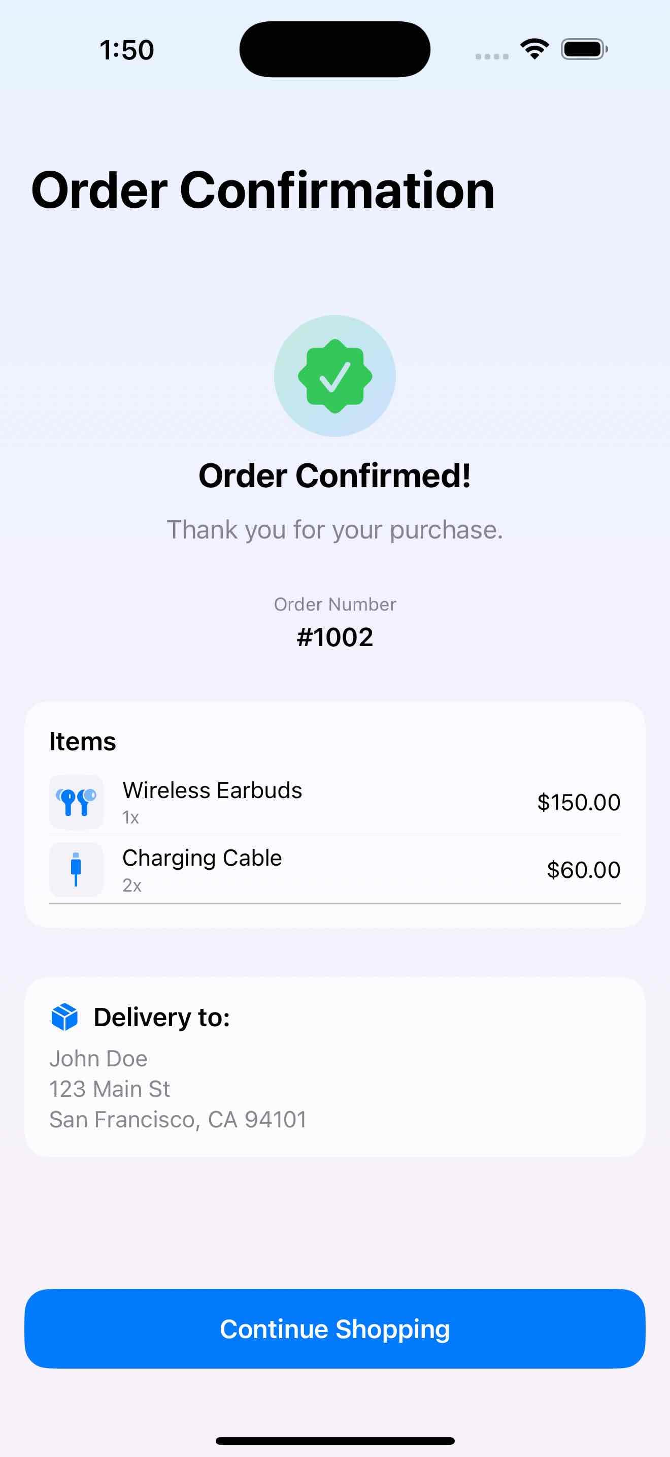 Order Confirmation Screen