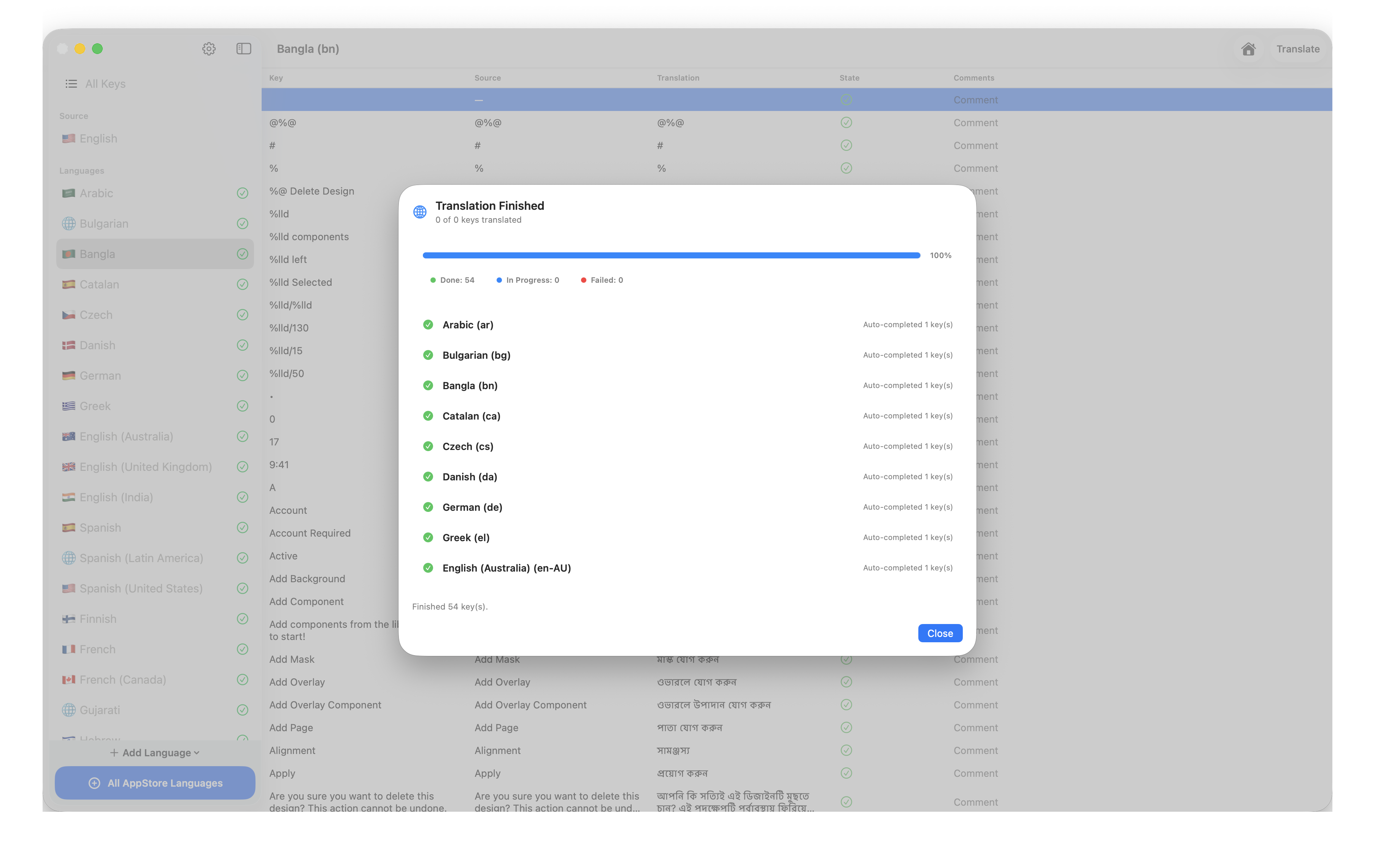 Translation progress and completion status